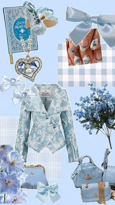 a collage of blue and white items with flowers