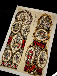 old school tattoo Tattoo In Frame Ideas, Cool Men’s Traditional Tattoos, Fantasy Tattoos Traditional, American Traditional Framed Sleeve, Traditional Back Tattoo Design, Framed Traditional Tattoo Sleeve, Medieval Sleeve Tattoo, American Traditional Frame Tattoo, Fantasy Traditional Tattoo