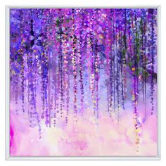 an abstract painting with purple and pink colors on the bottom half of it, hanging from strings