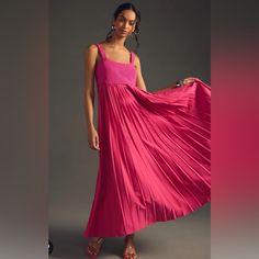 Pink Pleated Maxi Dress - Xxs **I Am 4’10” And Hemmed This Dress - It Falls Right At My Feet. Perfect For Anyone 5’1” And Below Never Worn Outside Store/Dry Cleaners Pink Pleated Dress, Anthropologie Maxi Dress, Anthropology Dresses, Bright Dress, Flutter Dress, Embroidered Maxi Dress, Pleated Maxi Dress, Pleated Maxi, Silk Maxi Dress