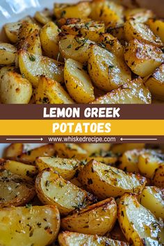 lemon greek potatoes in a white bowl with herbs on top and the words, lemon greek potatoes