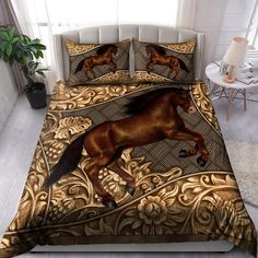 a bed with two brown horses on it