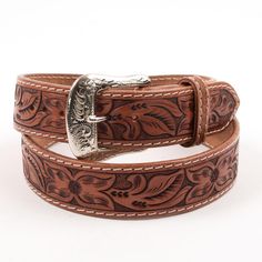 Beddo Mountain Leather Works has crafted this hand tooled leather belt with a carved floral pattern named for Livingston, Montana. The Livingston Roundup Rodeo has been in the heart of Montana country since 1924. This classic floral belt is part of the Montana Collection. BU1001 1 1/2" Width Hand Tooled Hand Sewn Natural Antique Finish Buckle Included Stainless Chicago Screws Imported Vintage Hand Tooled Belt For Rodeo, Hand Tooled Leather Belts For Western-themed Events, Brown Hand Tooled Bohemian Belts, Men’s Tooled Leather Belt, Pony Saddle, Tooled Leather Belts, Chicago Screws, Barrel Saddle, Southwestern Hand-tooled Brown Belt Buckles