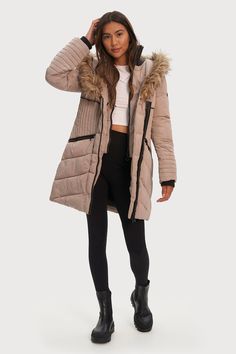 Fitted Faux Fur Outerwear With Detachable Hood, Fitted Faux Fur Outerwear With Padded Collar, Faux Fur Fitted Outerwear With Padded Collar, Hannah New, Quilted Parka, Black Plum, Customer Service Gifts, Womens Parka, Black Sand