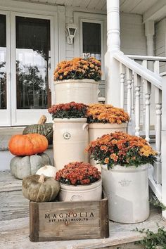 the front porch is decorated for fall with pumpkins and gourds on display