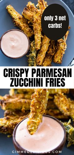 crispy parmesan zucchini fries on a blue plate with dipping sauce