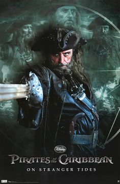 pirates of the carriben on strange tides movie poster with captain jack sparrow as pirate