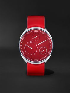 Ressence has a "less is more" philosophy but it can still make a statement, as this limited-edition 'Type 1 Slim' watch shows. Rendered almost entirely in red, it represents a departure from the house's signature colour palette, inspired by a one-of-a-kind timepiece created in 2020. Like other iterations of the model, this one has a titanium case and runs on an Orbital Convex System that's driven by the minute axle of an automatic movement to display the time and day in a unique way. The rubber Timeless Red Watch Accessories, Red Chronograph Watch With Analog Display, Red Watches With Tachymeter And Round Dial, Red Watch With Tachymeter And Round Dial, Timeless Red Watch With Analog Display, Classic Red Analog Watch, Luxury Red Analog Display Watch, Red Chronograph Watch With Subdials, Red Chronograph Watch With Tachymeter