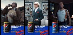 three different ads for pepsi cola, each with an image of a man in a suit