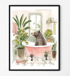 a watercolor painting of a bear in a bathtub surrounded by potted plants