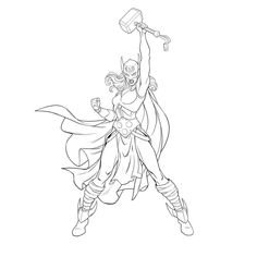 a drawing of a woman with a hammer in her hand and a cape over her head