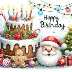 a happy birthday card with santa claus and gingerbread cake