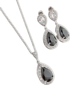 Black Teardrop Crystal Jewelry, Elegant Black Jewelry Set For Wedding, Glamorous Silver Jewelry With Teardrop Pendant, Elegant Silver Teardrop Pendant Jewelry Set, Glamorous Silver Teardrop Pendant Jewelry, Glamorous Formal Black Diamond Jewelry, Glamorous Black Diamond Jewelry For Formal Occasions, Glamorous Black Diamond Jewelry For Formal Events, Glamorous Formal Jewelry With Black Diamonds