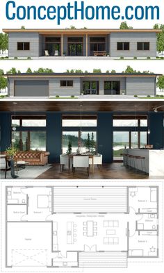 the floor plan for a modern house with two levels and an open living room, dining area