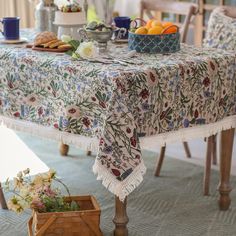 the table is covered with a blue and white cloth