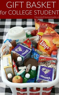 a white basket filled with school supplies on top of a black and white checkered table cloth