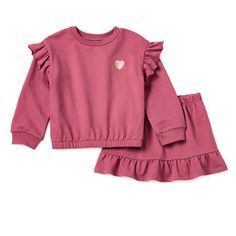 Take the guesswork out of styling her everyday outfit by pairing this Okie Dokie toddler and little girl's 2-piece skort set with ruffled socks and sneakers. Made from soft cotton-knit French terry, it includes a crew neck long-sleeve sweatshirt with ruffle-trim shoulders and a matching pull-on skirt and shorts combo featuring an elastic waistband and a ruffle hem.# Pieces In Set: 21st Piece Description: Sweatshirt1st Piece Apparel Length: 14.5 Inches1st Piece Fabric: French Terry1st Piece Fiber Casual Playwear Sets With Ruffles, Casual Cotton Sets With Ruffles, Casual Cotton Ruffle Sets, Casual Cotton Ruffled Sets, Casual Long Sleeve Sets With Ruffles, Casual Long Sleeve Ruffled Sets, Ruffled Socks, Okie Dokie, Skirt Sets