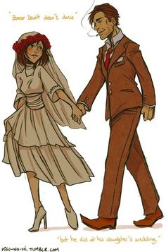 a drawing of a man and woman dressed in wedding attire, one holding the other's hand