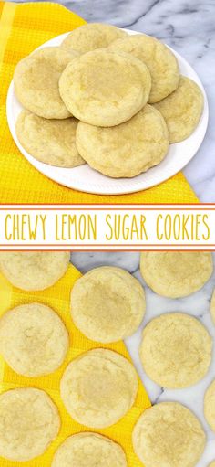 chewy lemon sugar cookies on a yellow and white plate with the title above it