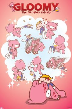 a pink poster with many different types of teddy bears and other cartoon characters on it