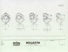 a drawing of different facial expressions from the iron giant character sheet