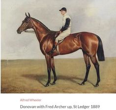 a painting of a man riding on the back of a brown horse in a field