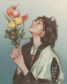 a painting of a person holding flowers in their hands and looking up at the sky