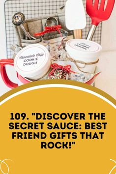 a basket filled with lots of different items on top of a white counter next to a red spatula