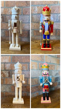 four different wooden nutcrackers on display in front of a brick wall and floor