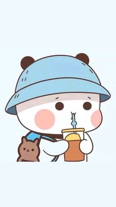 a cartoon bear holding a cup with a candle in it's mouth and wearing a blue hat