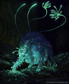 an animal with glowing lights in its body and head is walking through the dark water