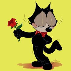 a cartoon cat holding a red rose in its right hand and wearing a bow tie