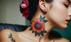 a woman with a flower tattoo on her neck