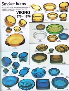 an advertisement showing different types of glassware in various colors and sizes, including blue