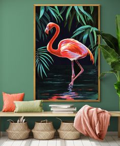 a pink flamingo standing in the water with palm leaves on it's side