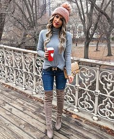 Laura Beverlin Grey Thigh High Boots Outfit, Thigh High Boots And Jeans, Thigh High Boots Outfit Winter, Christmas In A Cup, High Boots Outfit Winter, Laura Beverlin, Winter Outfits Casual Cold, Thigh High Boots Outfit, Rib Knit Sweater