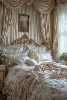 a large bed sitting next to a window covered in curtains