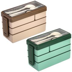 two bento boxes with spoons and forks in them, one is green and the other is brown