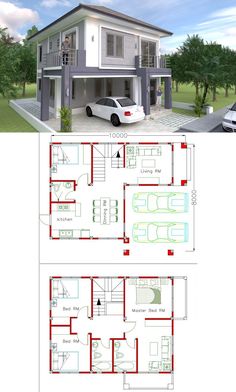 two story house plans with garage and living room in the middle, one bedroom on the second