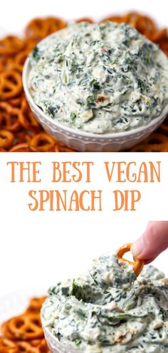 the best vegan spinach dip in a white bowl