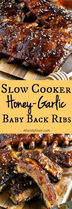 slow cooker honey - garlic baby back ribs on a cutting board with text overlay