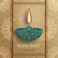 happy diwali festival card with an ornate design and a lit candle on it