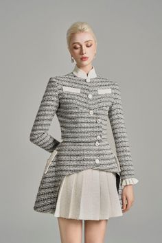 Tailored Elegant Skirt For Winter, Tailored Elegant Winter Skirt, Elegant Tailored Winter Skirt, Elegant White Tweed Skirt, Fitted Tweed Elegant Skirt, Elegant Fitted Tweed Skirt, Elegant Tweed Skirt For Formal Occasions, Chic Knee-length Tweed Skirt, Elegant Spring Evening Tweed Jacket