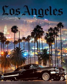 an old car is parked in front of palm trees on the cover of los angeles magazine