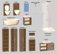 bathroom furniture and accessories are shown in this graphic style, including toilet, sink, cabinet, shower, tub, mirror, towel rack, wall - mounted faucet