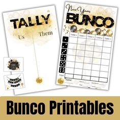 the printable bunco party game is shown with gold and black decorations on it