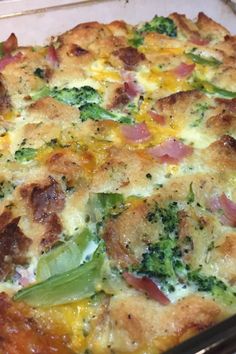 a casserole dish with broccoli, ham and cheese