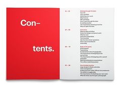 an open book with the words con - tents written in red and white on it