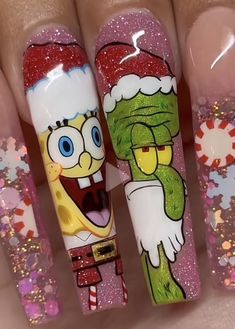 Cartoon Christmas Nail Art, Elf On The Shelf Nails Designs, Spongebob Christmas Nails, Christmas Cartoon Nails, Disney Nails Long, Character Christmas Nails, Christmas Stitch Nails, Stitch Christmas Nails, Cartoon Christmas Nails