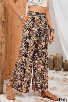 Fisdy - Pantalones de cintura alta y pierna ancha con estampado floral y elegancia atemporal High Waist Wide Leg Pants, Black Floral Print, Global Fashion, Blazers For Women, Skirt Top, Jeans Dress, Playsuit Jumpsuit, Bottoms Pants, Boho Style